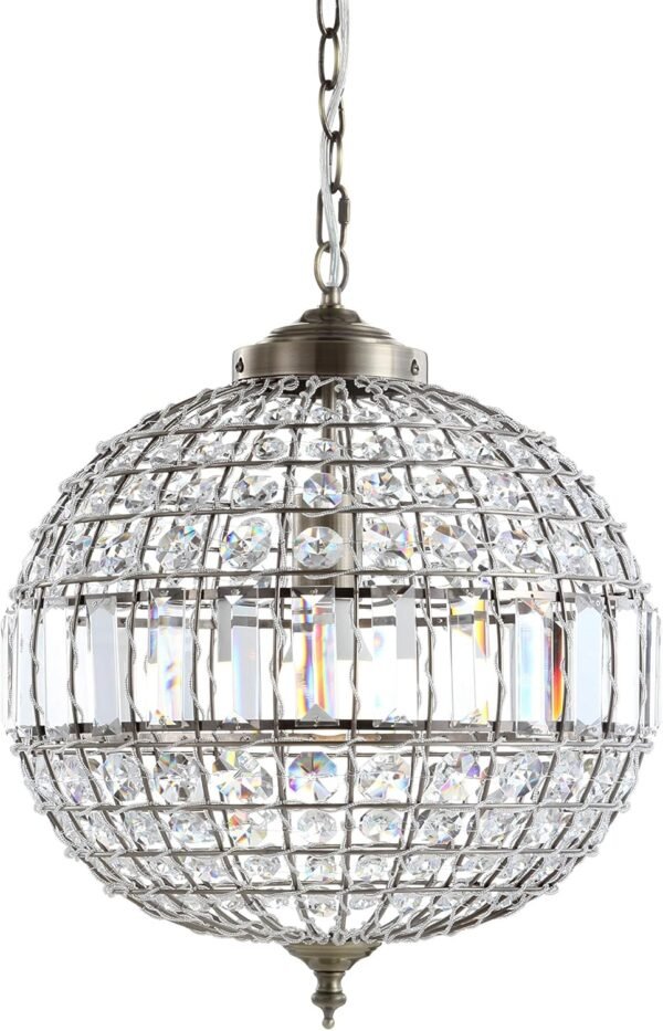 Crystal/Metal LED Chandelier Pendant Glam Contemporary Transitional Dimmable Dining Room Living Room Kitchen Foyer Bedroom Hallway, 16", Antique Brass/Clear