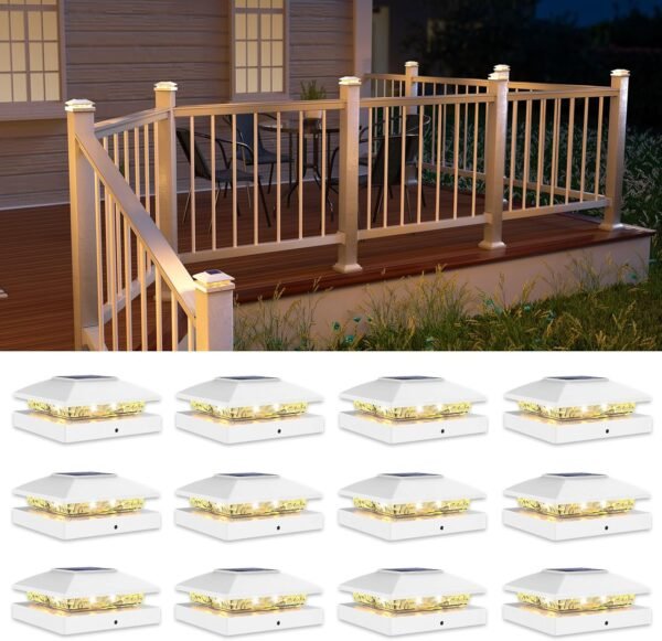 4x4 Solar Post Cap Light 12pack,Solar Fence - Cap Lights Outdoor Waterproof for Wooden/Vinyl Post,White Deck Post Cap Light Solar Powered with Warm White for Garden/Patio/Porch