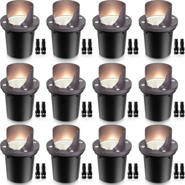 12 Pack Low Voltage Landscape Lighting 12W LED Outdoor In-Ground Waterproof Shielded Well Lights Warm White Paver Lights with Wire Connectors for Pathway Garden Yard Fence Deck