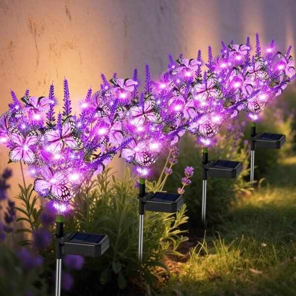 Solar Garden Lights Outdoor 4 Pack Lavender Butterfly Lights, Solar Artificial Flower Outdoor Waterproof Decoration Gardening Gifts for Women, Yard Patio Pathway Lawn Courtyard Decoration