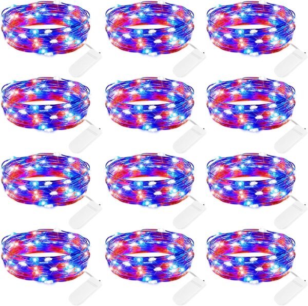 4th of July Decor Patriotic Fairy Lights, 7 FT. Silver Wire Red White Blue String Lights, Firefly Starry Moon Lights, Micro LED Mini Fairy Lights for Jars DIY Picture Wedding