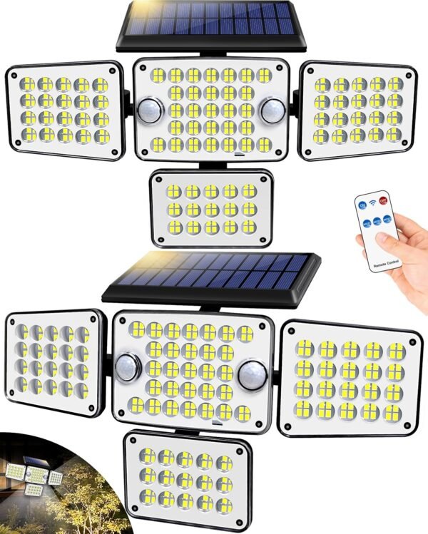 Solar Lights Outdoor 336 LED, Motion Sensor Security Wall Light with Remote, Split 4-Head Adjustable Design, 2400mAh Battery, Waterproof IP65 Garage, Driveway, Garden, Courtyard Lighting（2Pack